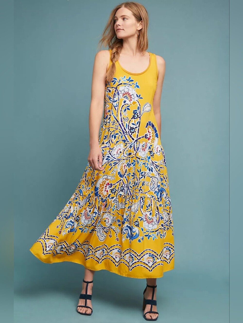 ANTHROPOLOGIE Puebla Yellow Floral Maxi Dress Vacation Summer Boho Beach Size XS